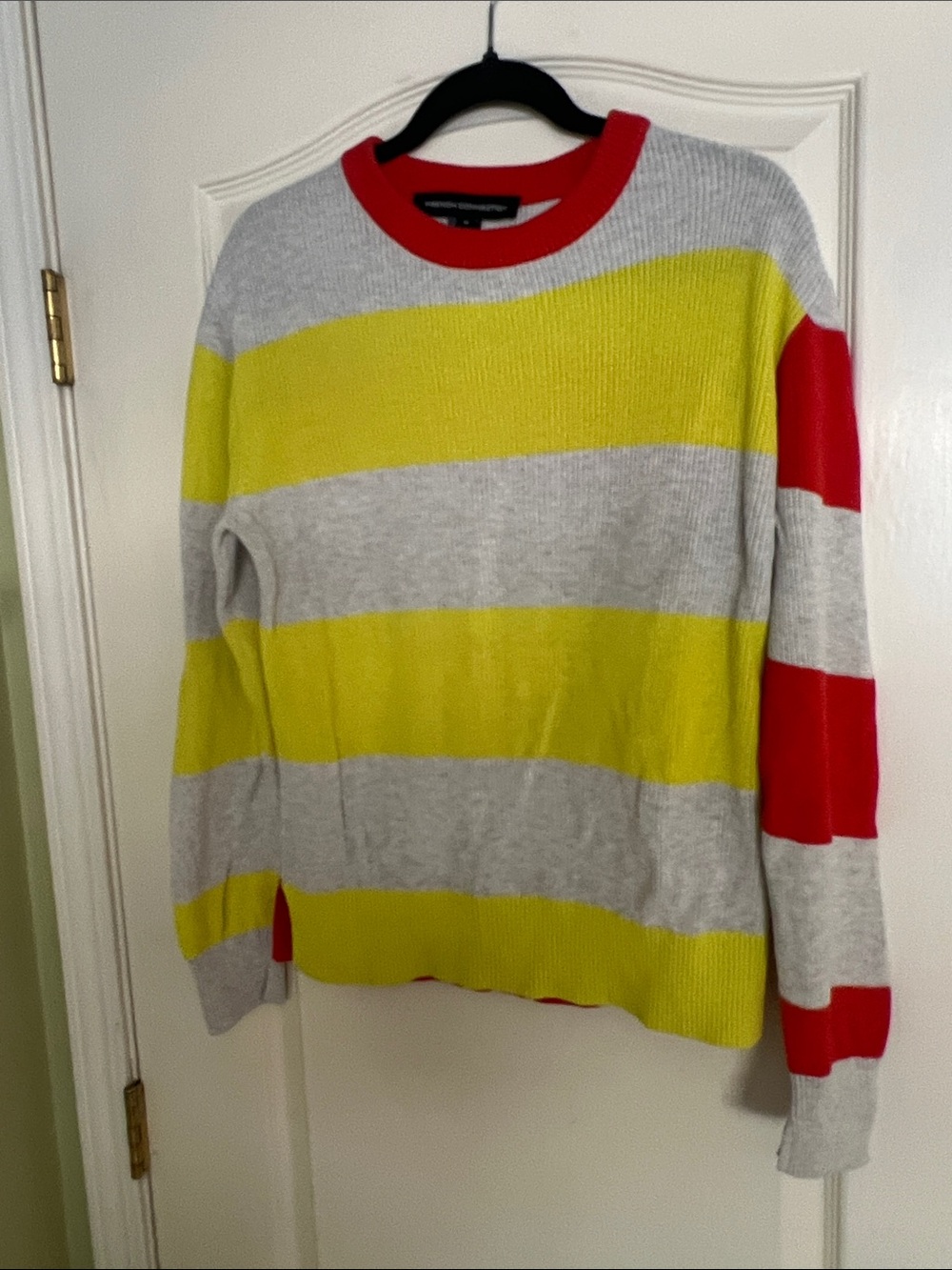 French Connection Striped Crewneck Sweater in Gray, Yellow & Red